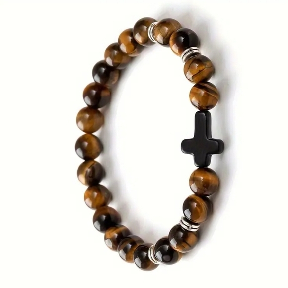 NEW Dark brown beads stretch bracelet with cross - Picture 3 of 3